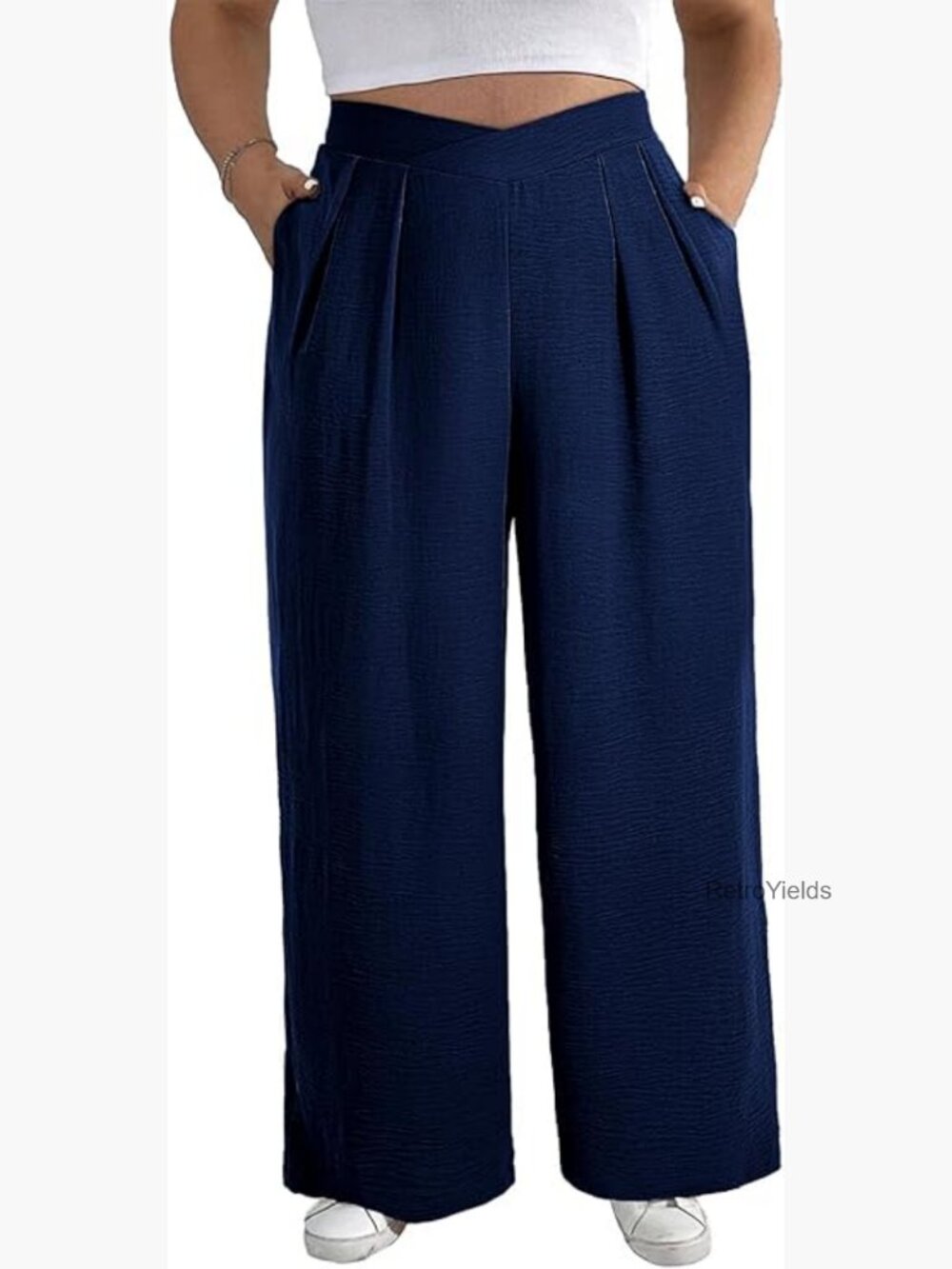 Plus Size Wide Leg Pants Crossover Waist Pleated Front with Pockets